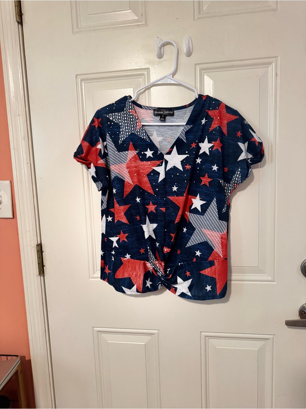 Women’s Navy Red Star-Print V-Neck Twist Front Top